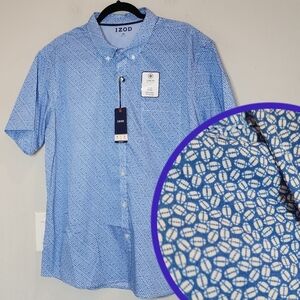 NWT IZOD Football Printed Blue Short Sleeve Button Down Shirt. Men's Size XXL.